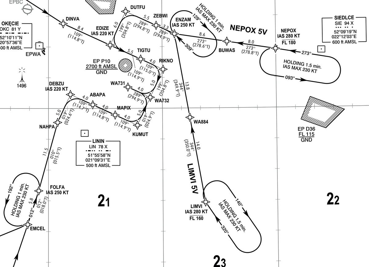 Fragment mapy lotniczej z widocznymi punktami przeznaczonymi na holding