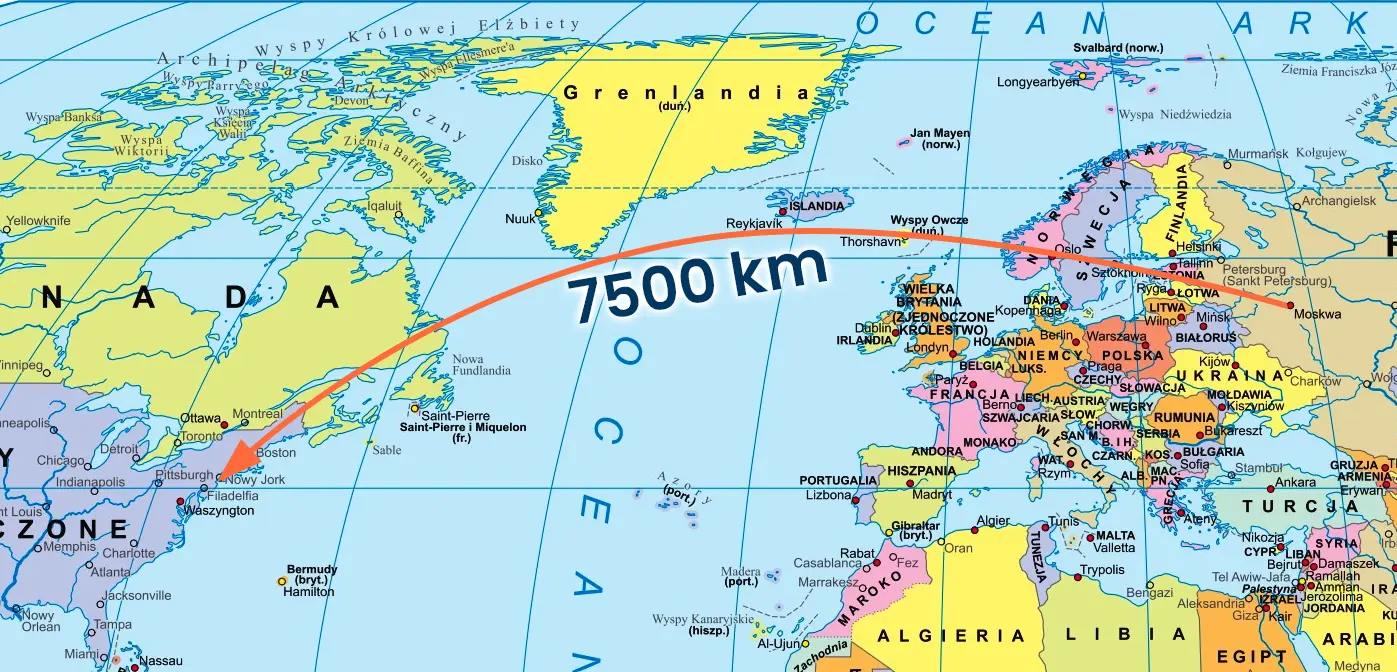 Na płaskiej mapie ortodroma wygląda jak zakrzywiona linia, ale odległość między Moskwą a Nowym Jorkiem jak widać jest najkrótsza.